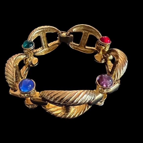 Vtg 80s cabochon Gems and Rhinestones Gilt metal rope twist link Bracelet - Picture 3 of 10